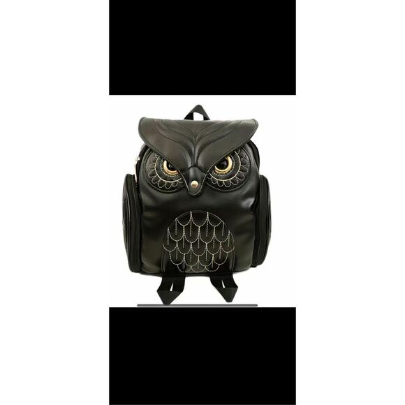 Black Owl Backpack with adjustable straps, soft, PU, leather versatile, travel b - Picture 8 of 9